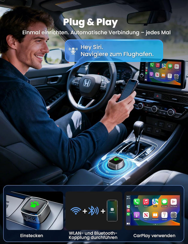 CarPlay Wireless Adapter für Apple 2026 Upgrade, Wired zu Wireless CarPlay, USB & Type-C Dual-Port,