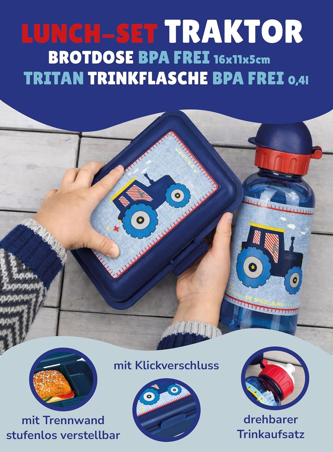 Spiegelburg Kindergarten Rucksack Set 4tlg. mit Turnbeutel, Brotdose und Trinkflasche Traktor, Trakt