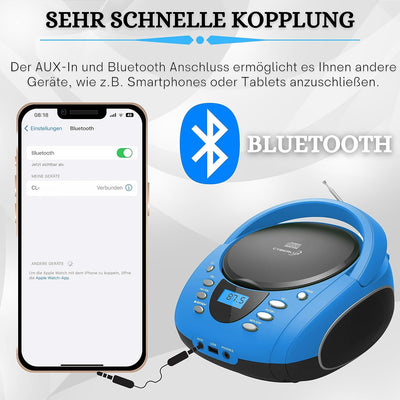 Tragbare Boombox | CD/CD-R | USB | FM Radio | Bluetooth | AUX-In | Kopfhöreranschluss | CD-Player |