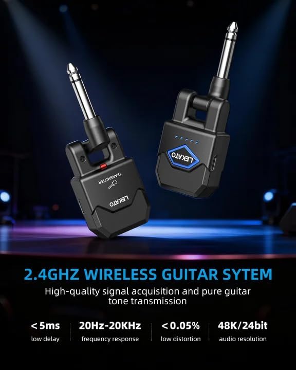 LEKATO Kabelloses Gitarrensystem mit Ladekoffer, Gitarren-Sender-Empfänger mit 15 Stunden Spielzeit,