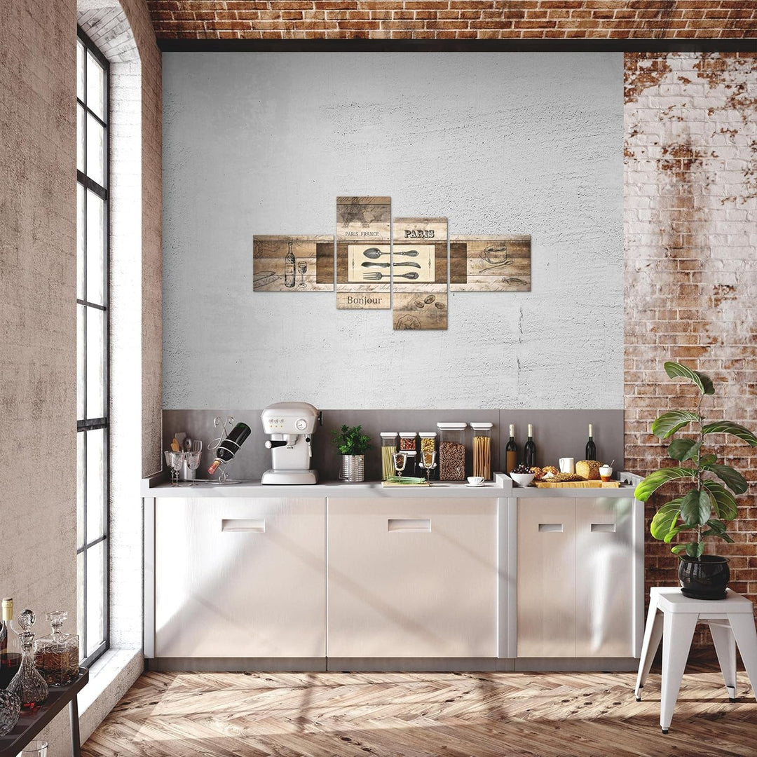 Runa Art Bild Modern Küche Holz - Made in Germany - Wandbilder Vintage Besteck Braun 4 Teilig 038042