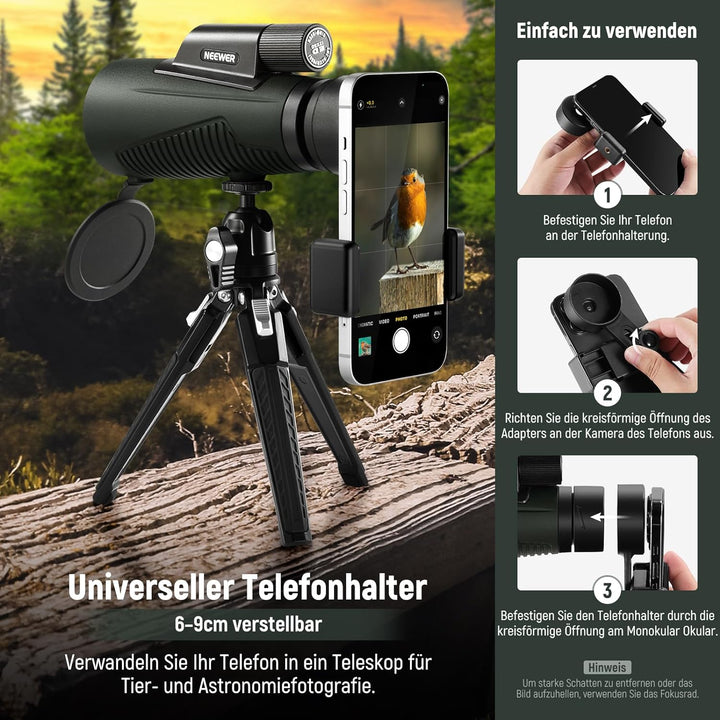NEEWER 12x50 ED Monokular Teleskop,handy teleobjektiv mit Handy Clip/Metall Stativ/Tasche,IPX7 wasse