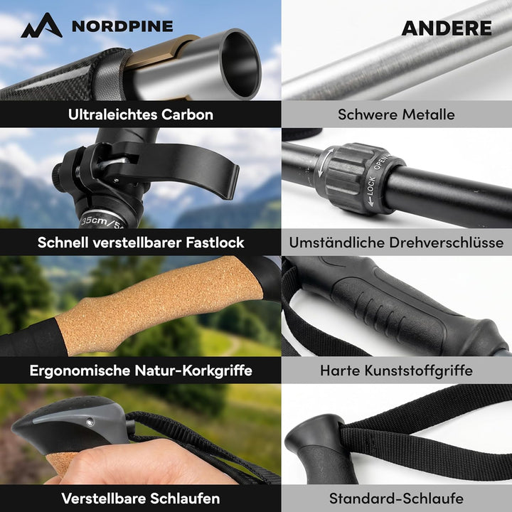 Wanderstöcke faltbar - Carbon & Aluminium für Damen & Herren - Ultraleichte Trekkingstöcke mit Korkg