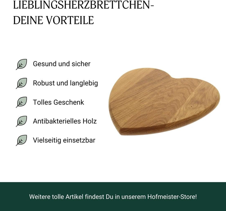 HOFMEISTER® Herzbrettchen Eichenholz - Rustikales Frühstücksbrett mit Herzform - Nachhaltiges Holzbr