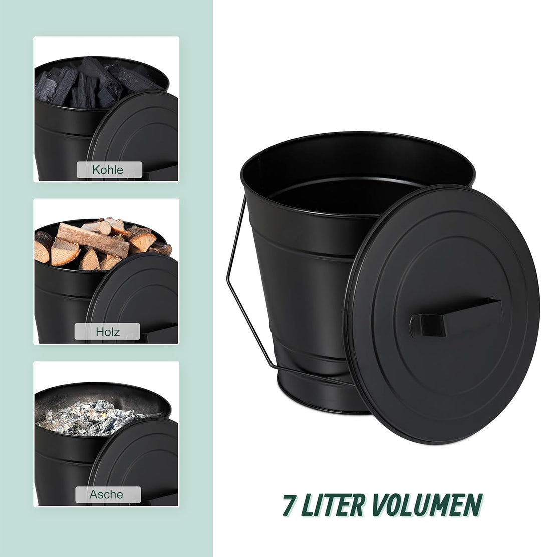 Relaxdays Ascheeimer mit Deckel, Henkel, 7 Liter, Eisen, Aschetonne für Kohle & Asche, Kamin, Ofen,