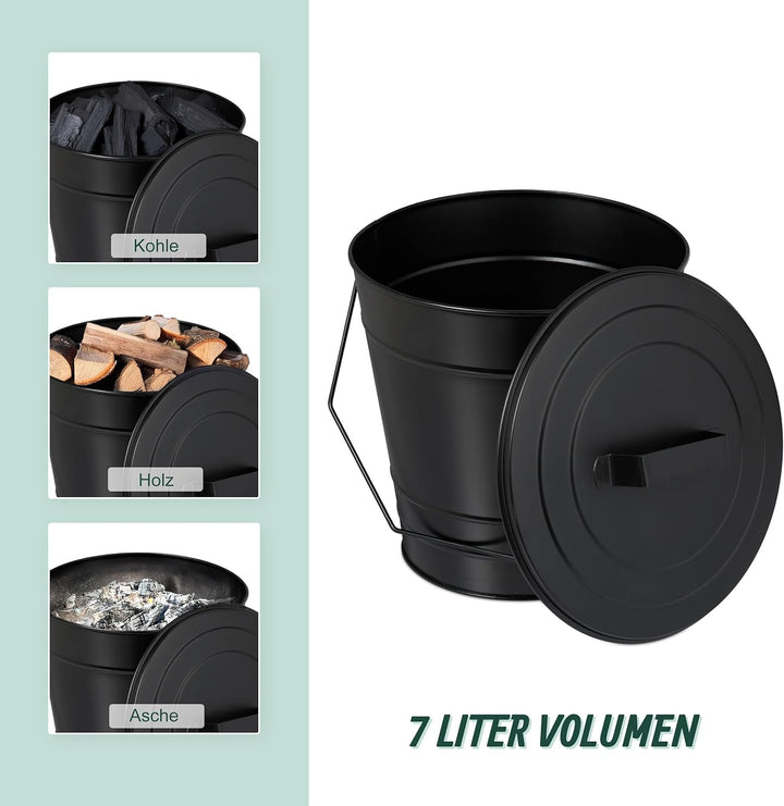 Relaxdays Ascheeimer mit Deckel, Henkel, 7 Liter, Eisen, Aschetonne für Kohle & Asche, Kamin, Ofen,