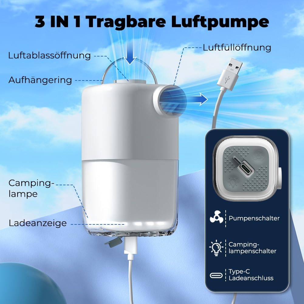 Elektrische Luftpumpe 4000Pa, Mini Pumpe Luftpumpe für Luftmatratze mit Wiederaufladbare Akku, mit 5