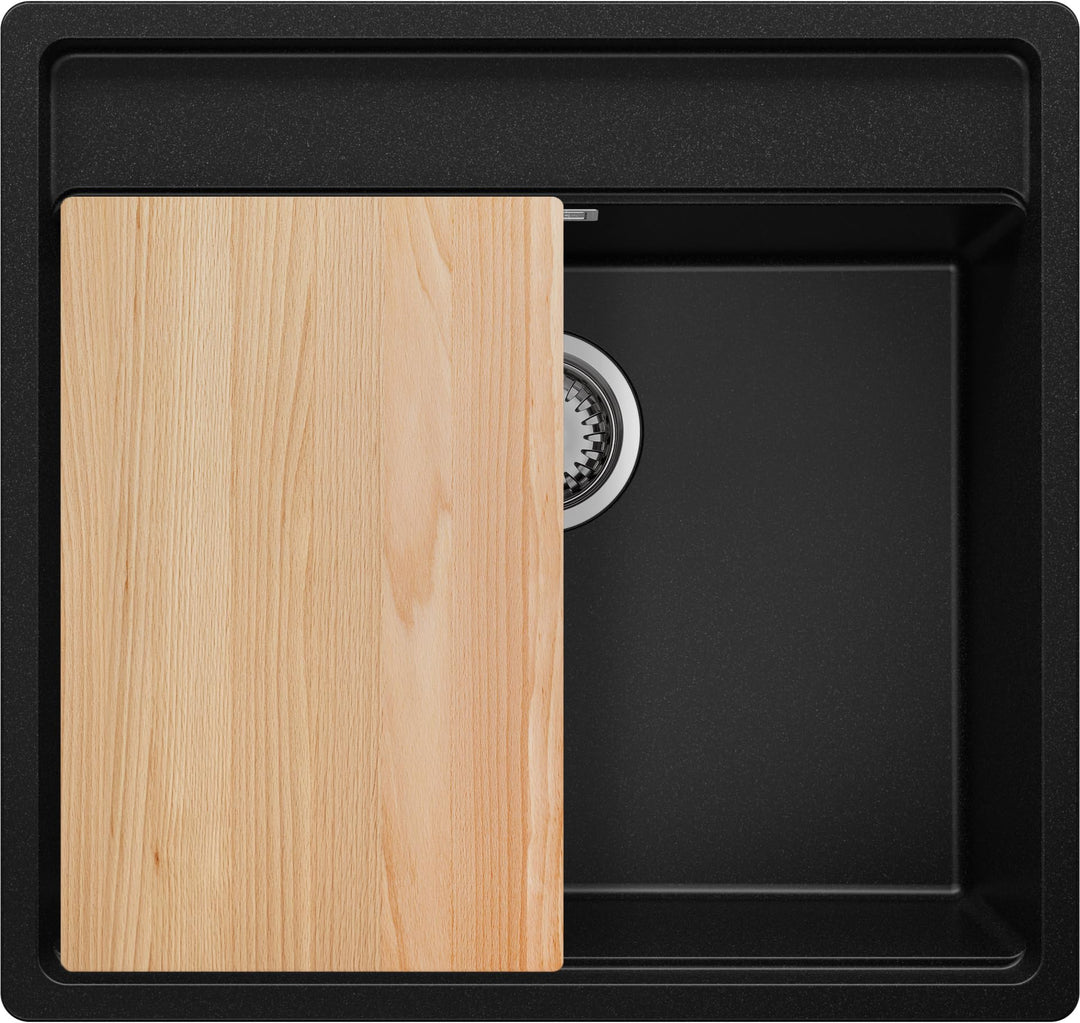 Eckspüle Schwarz 56x53cm, Granitspüle 1 Becken + Ablauf-Set + Schneidebrett, Küchenspüle ab 60er Unt