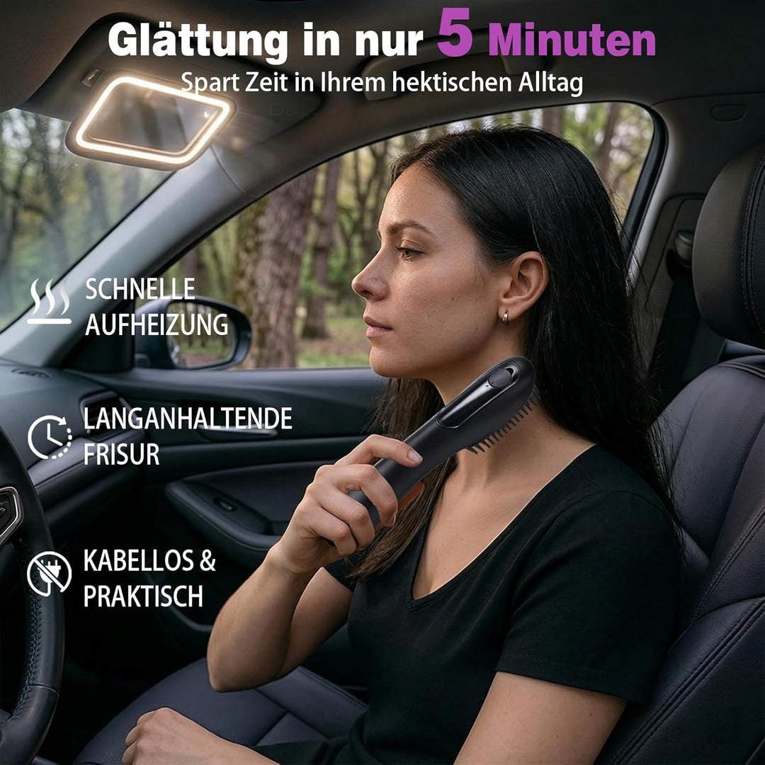 Glättbürste, Warmluftbürste für kurze Haare, Stylingbürste für kurze Haare | kabellos mit Pflegespra