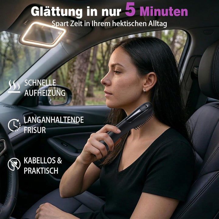 Glättbürste, Warmluftbürste für kurze Haare, Stylingbürste für kurze Haare | kabellos mit Pflegespra