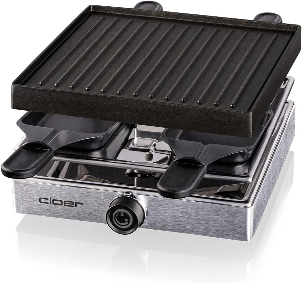 Cloer 6454 Raclettegrill mit Aluminium-Druckguss Platte, 750 W, 4 antihaftbeschichtete Raclettepfänn