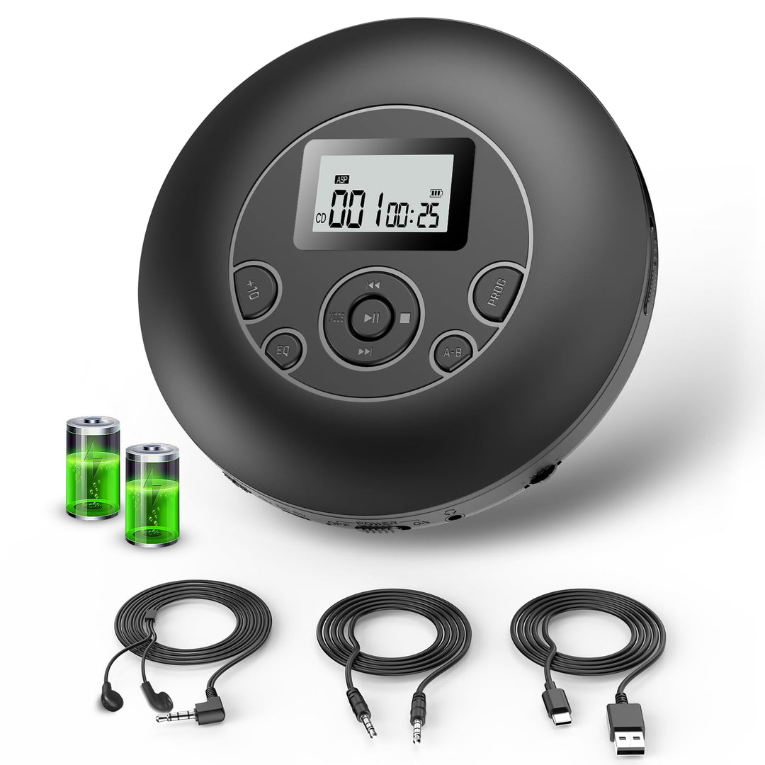 DESOBRY Tragbarer CD-Player, Wiederaufladbarer Discman CD Player mit Kopfhörer, Hold Lock und Anti-S