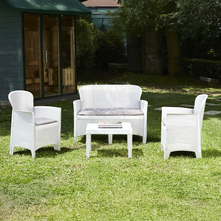 Dmora - Outdoor-Lounge-Set Ostuni, Gartengarnitur mit 2 Sesseln, 1 Sofa und 1 Couchtisch, Sitzecke i