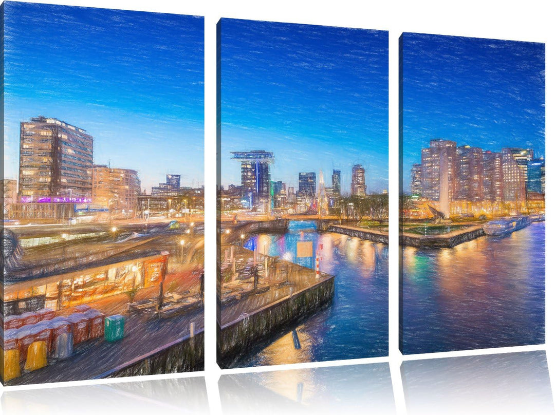 Pixxprint Atemberaubender Ausblick auf Rotterdam Bunstift Effekt 3-Teiler Leinwandbild 120x80 Bild a