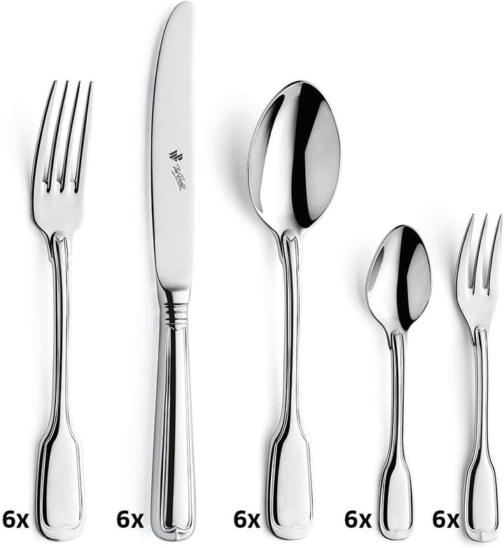 PW Paul Wirths AUGSBURGER FADEN 9800 Besteck Set für 6 Personen, Essbesteck 30 teilig, Edelstahl pol