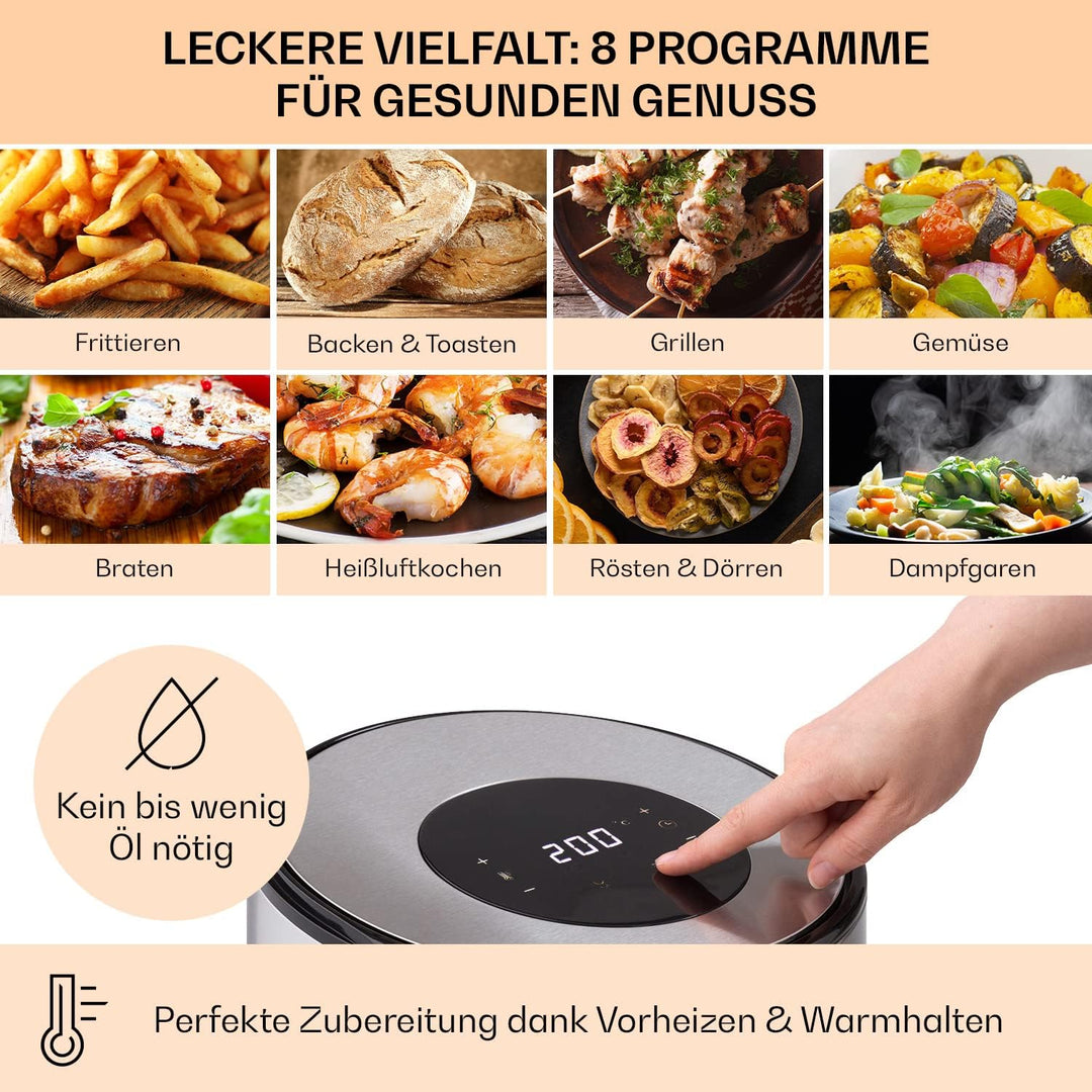 Klarstein Heissluftfriteuse, Air Fryer zum Frittieren, Friteuse mit Touch-Bedienfeld, Timer, Einstel