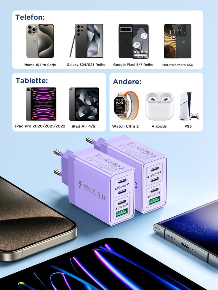 2er Pack USB C Ladegerät, Aioneus 4 Ports Mehrfach Ladegerät mit USB-C und USB-A, 40W Schnellladeger