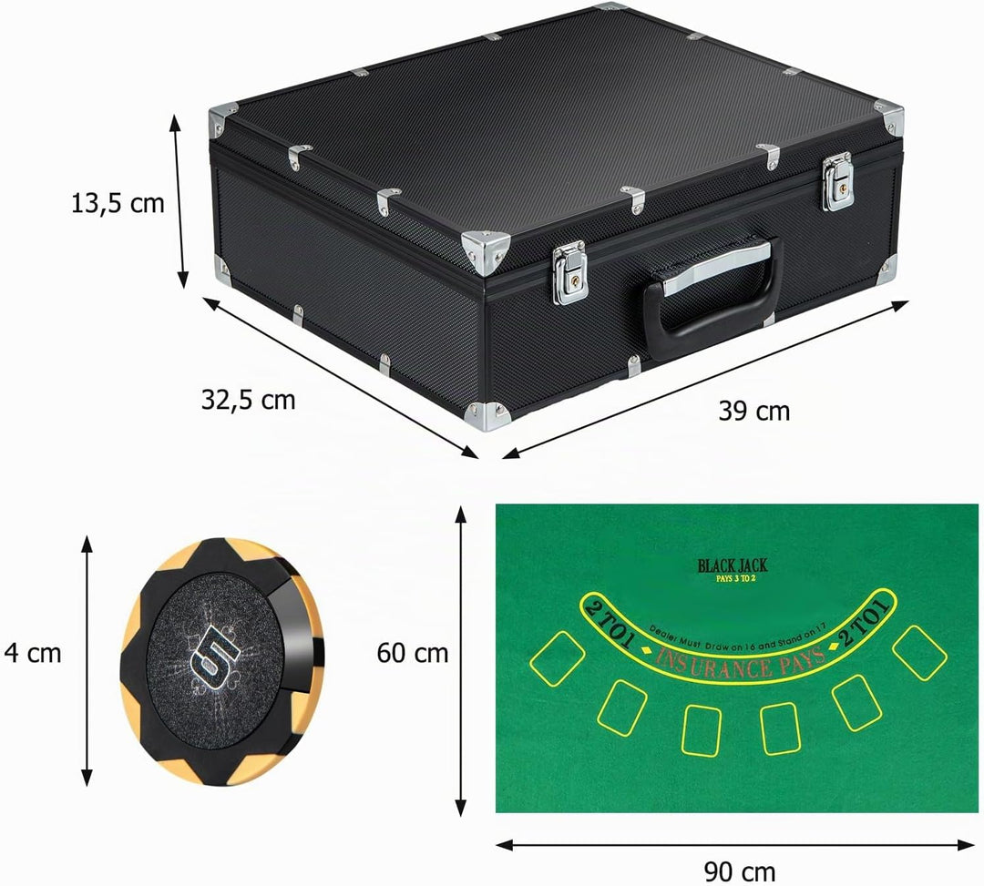 DREAMADE Pokerkoffer mit 300 Laser Poker Chips/ 2 Pokerkarten Set/Kartenmischer/Kartengeber/Spielmat