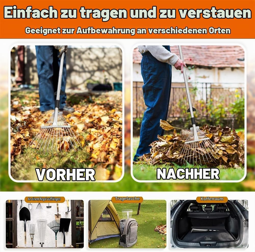 Laubrechen,Gartenrechen mit 2.15M Verstellbare Metallstange und Handschuhe,Laubbesen,Fächerbesen Met