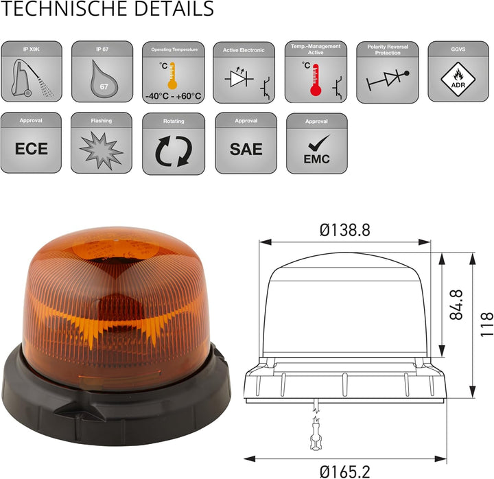 HELLA - LED-Blitz-Kennleuchte - RotaLED Compact - 12/24V - gelb - geschraubt - Kabel: 150mm - Stecke