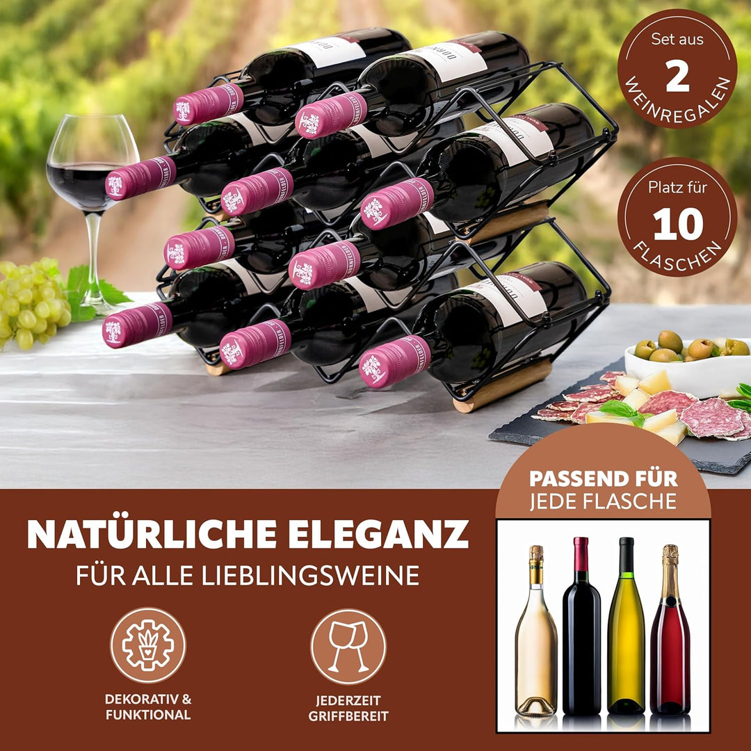 eluno Weinregal 2er-Set für 10 Flaschen, aus Metall und Bambus, stapelbar (ca. 39 x 14,5 x 15 (B/H/T