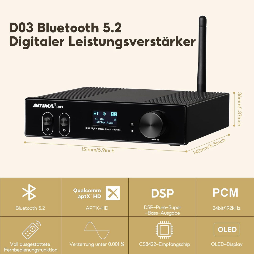 AIYIMA D03 Bluetooth 5.0 Digital-Verstärker 150Wx2 Stereo HiFi 2.0/2.1 CH Desktop Sound Amplificador