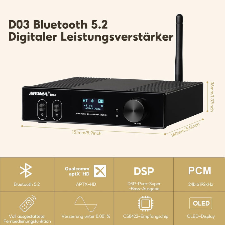 AIYIMA D03 Bluetooth 5.0 Digital-Verstärker 150Wx2 Stereo HiFi 2.0/2.1 CH Desktop Sound Amplificador
