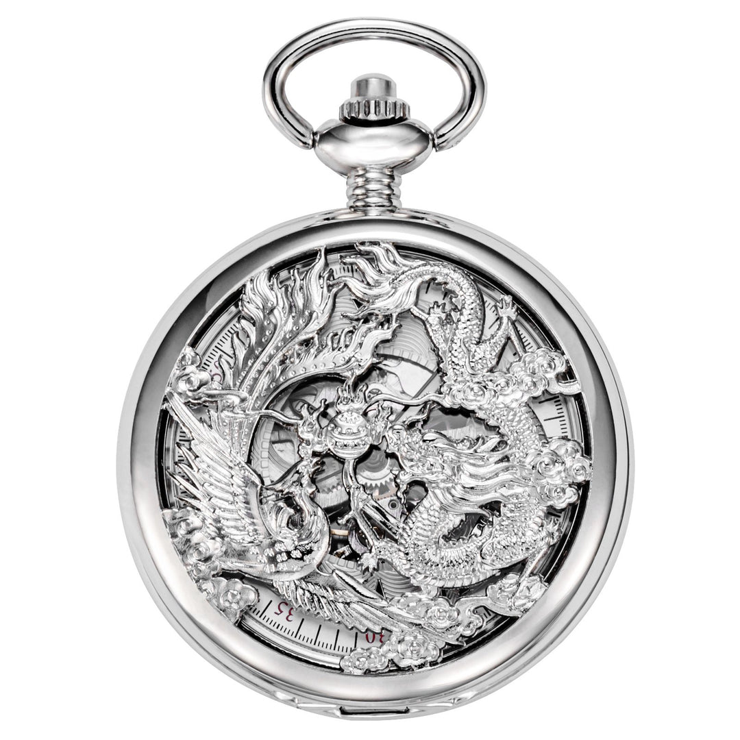 TREEWETO Unisex Taschenuhr mit Kette Analog Handaufzug Antik Drache Phönix Skelett Silber