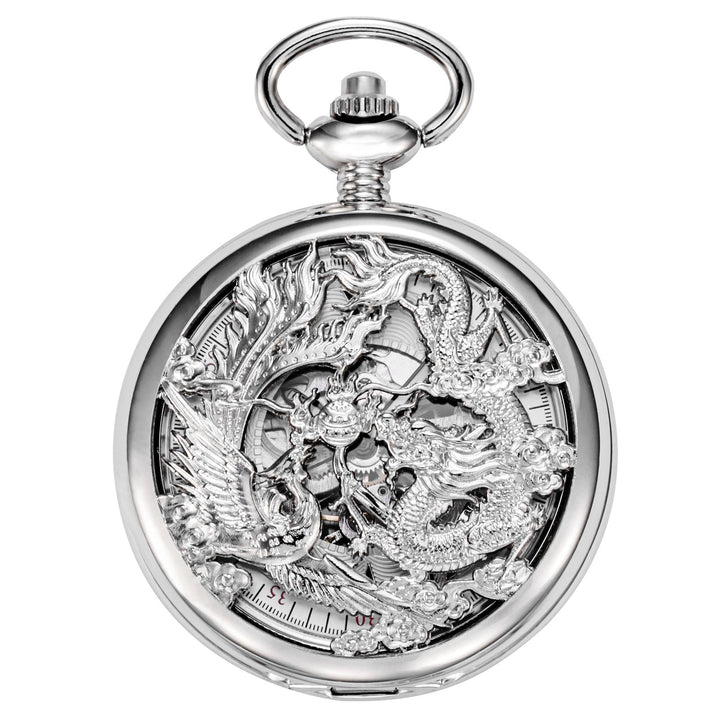 TREEWETO Unisex Taschenuhr mit Kette Analog Handaufzug Antik Drache Phönix Skelett Silber