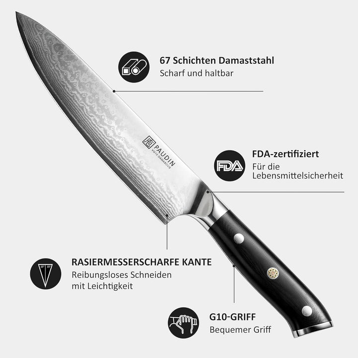 PAUDIN Damastmesser Kochmesser Küchenmesser 20 cm Damaststahl Messer mit Ergonomischem G10-Griff Dam