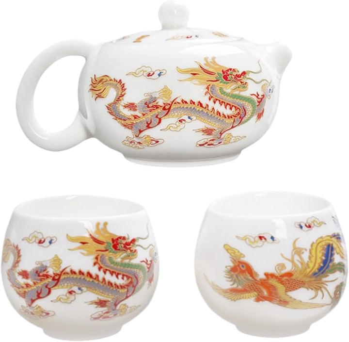 Jorzer Keramik-Teekanne mit 2 Tassen Drache und Phönix Farbwechsel chinesische Teekanne mit Henkel u