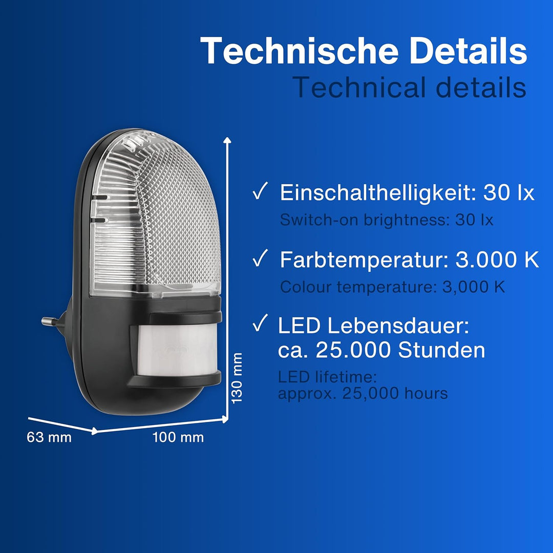 REV Nachtlicht - Steckdosenlampe mit Bewegungsmelder, Erfassungsbereich 110° bis zu 5m, LED Nachtlic