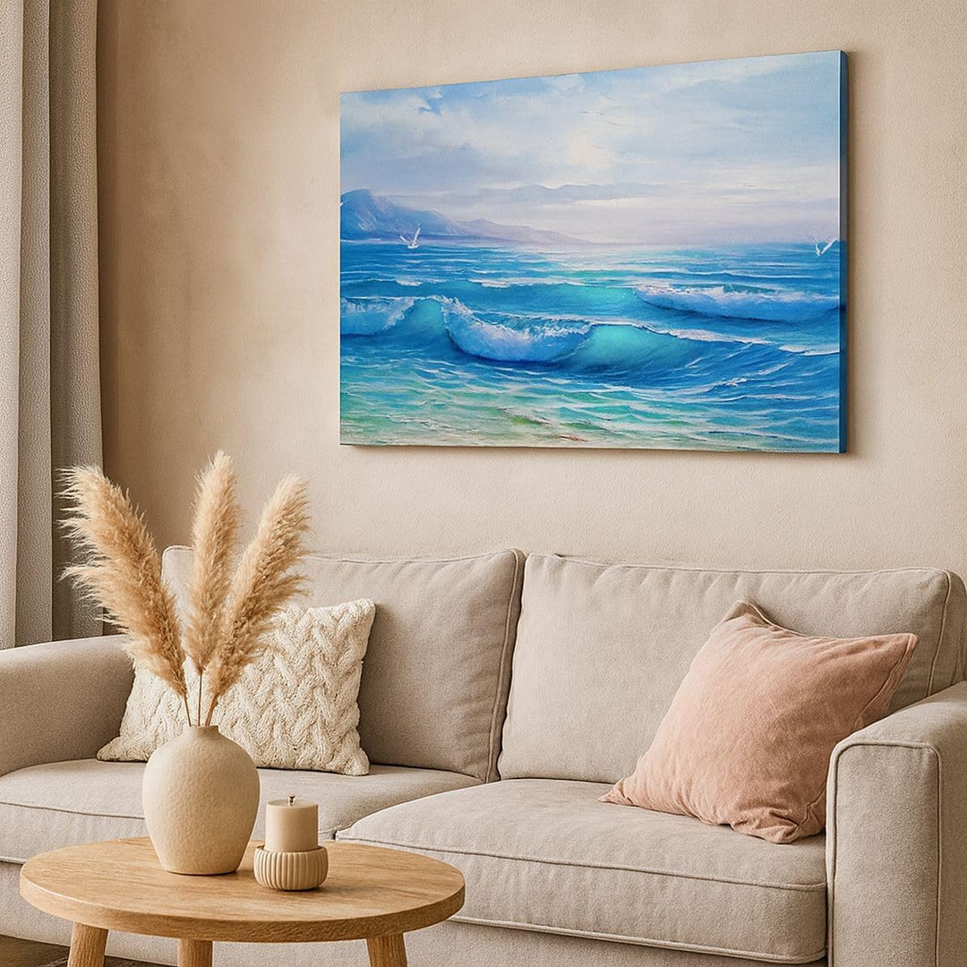 Bilder auf Leinwand 100x70cm Leinwandbild mit Rahmen Meer Welle Möwe Gross Wanddeko Bild Schlafzimme