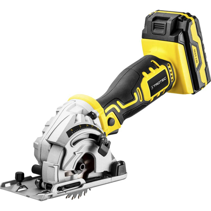 TROTEC Akku-Mini-Handkreissäge PCSS 05‑20V mit einer Schnitttiefe zwischen 0 und 28,5 mm, Leerlaufdr