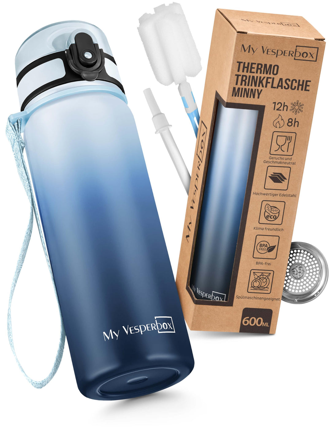 MY VESPERBOX® Edelstahl Thermosflasche Kinder [INK. STROHHALM & SIEB] - Isolierflasche für Jungen &