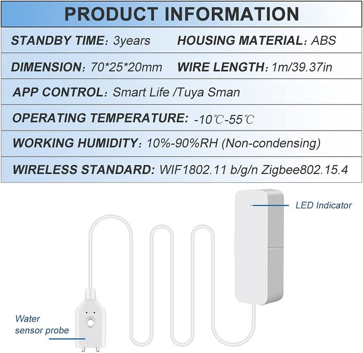 Wasseralarmsensor, WiFi-Wasser-Leckdetektor, Überlauf-Hochwasser-Leck-Alarme, Remote-Monitor-Leck-Le