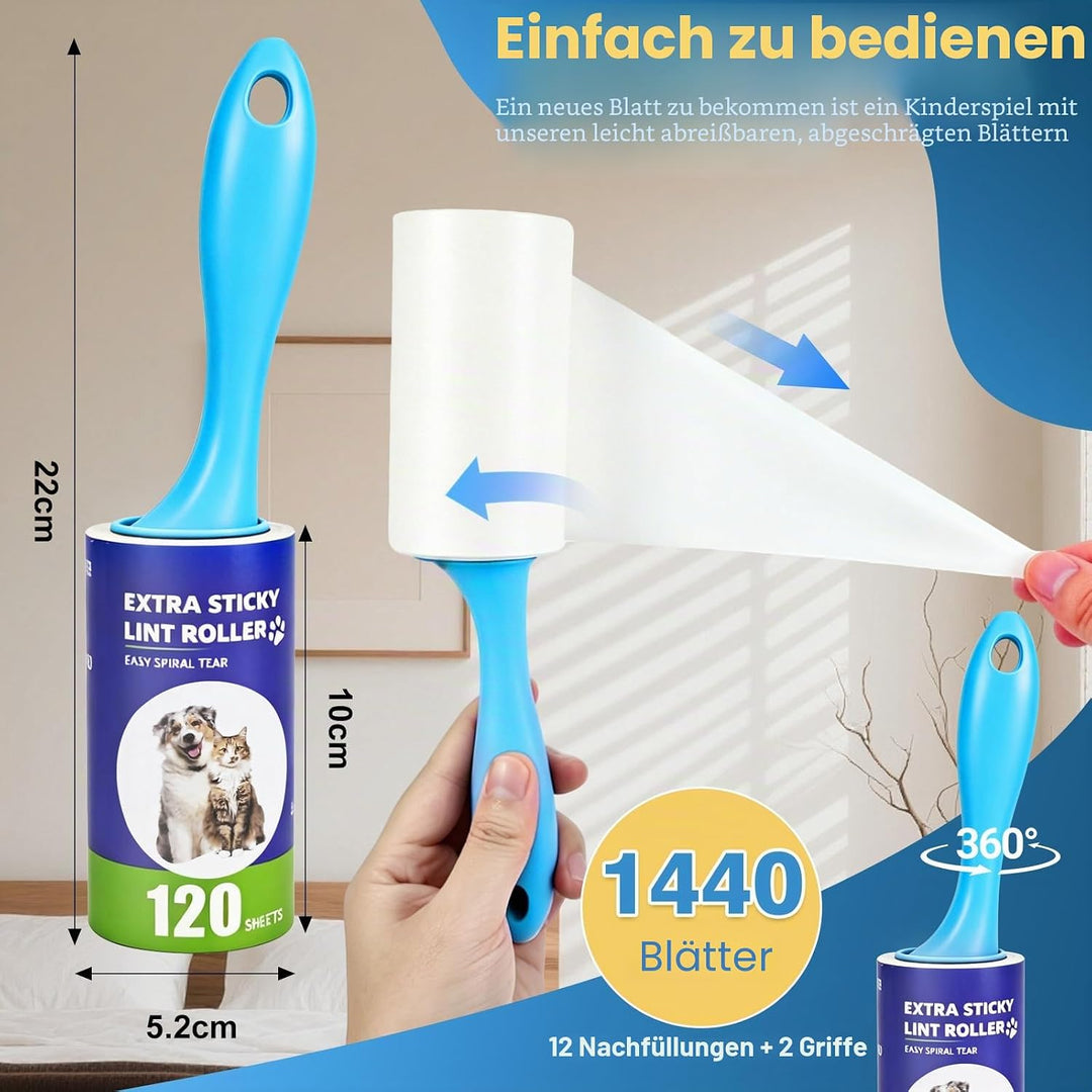 1440 Blatt Fusselrolle Tierhaare,12 Rollen Extra Stark Fusselroller Kleidung mit 2 Griffen,Starke Kl