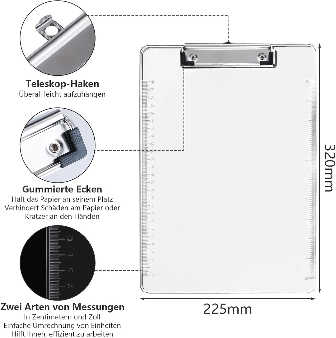 5 Stück Klemmbrett Transparent Kunststoff Klemmbretter A4 mit Metalklemme, Klemmbrettmappe Transpare