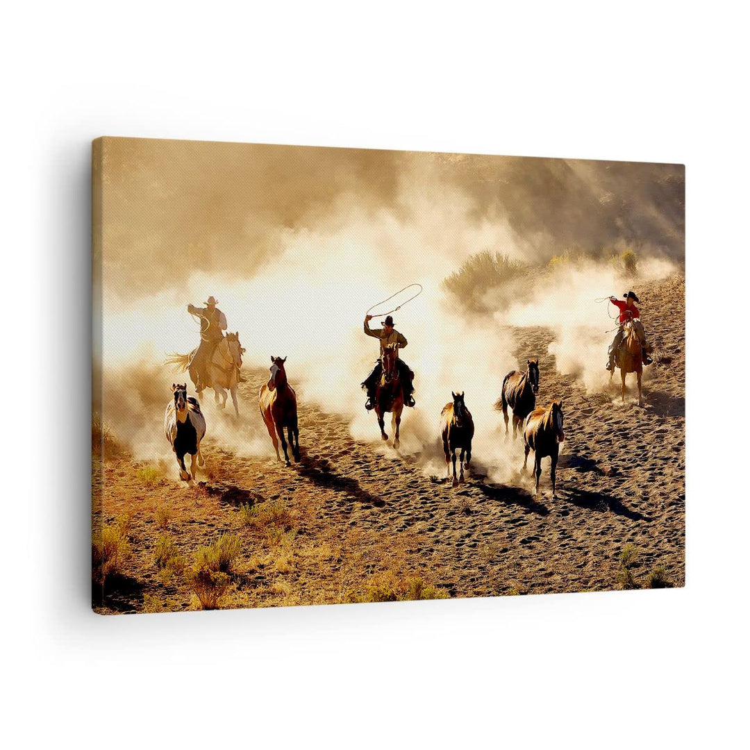 ARTTOR Bilder auf Leinwand Cowboys Pferde Galopp Leinwandbild 70x50cm Wandbilder Dekoration Wohnzimm
