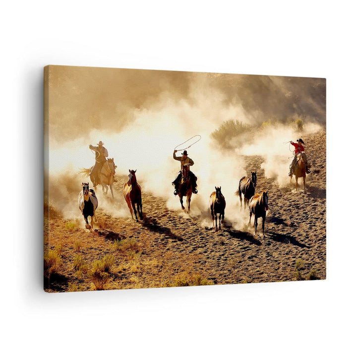 ARTTOR Bilder auf Leinwand Cowboys Pferde Galopp Leinwandbild 70x50cm Wandbilder Dekoration Wohnzimm