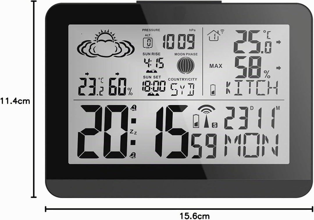 Miraval Moderne Design Funk-Wetterstation mit Aussensensor bennenbar Mondphase Sonnenaufgang Sonnenu