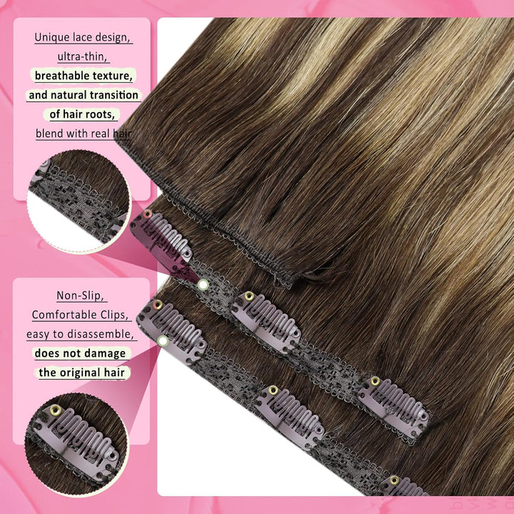 YoungSee Clip in Extensions Echthaar Ombre 30cm Echthaar Extensions Clip Dunkelbraun Balayage Karame