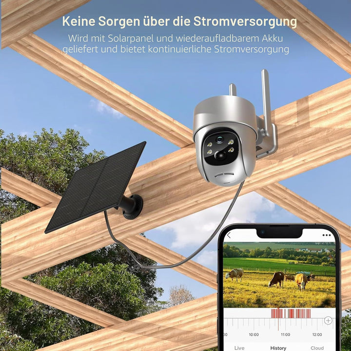 Xega 4G LTE Überwachungskamera Aussen Solar mit SIM Karte - 2K HD 3MP PTZ Kabellos Kamera Ohne WLAN