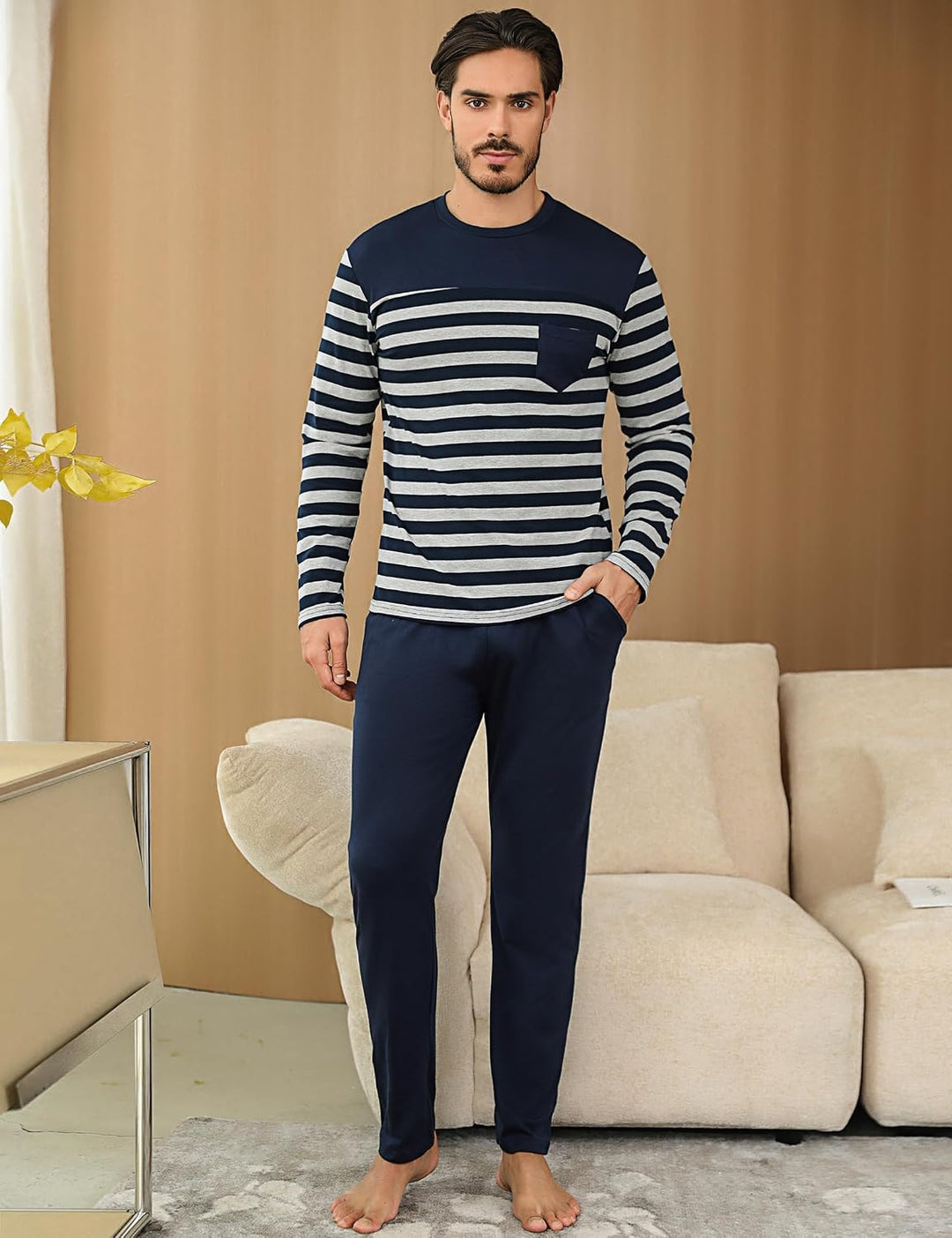 Irdcomps Schlafanzug Herren Pyjama Lang Winter Baumwolle Nachtwäsche Set Langarm Männer Schlafanzüge