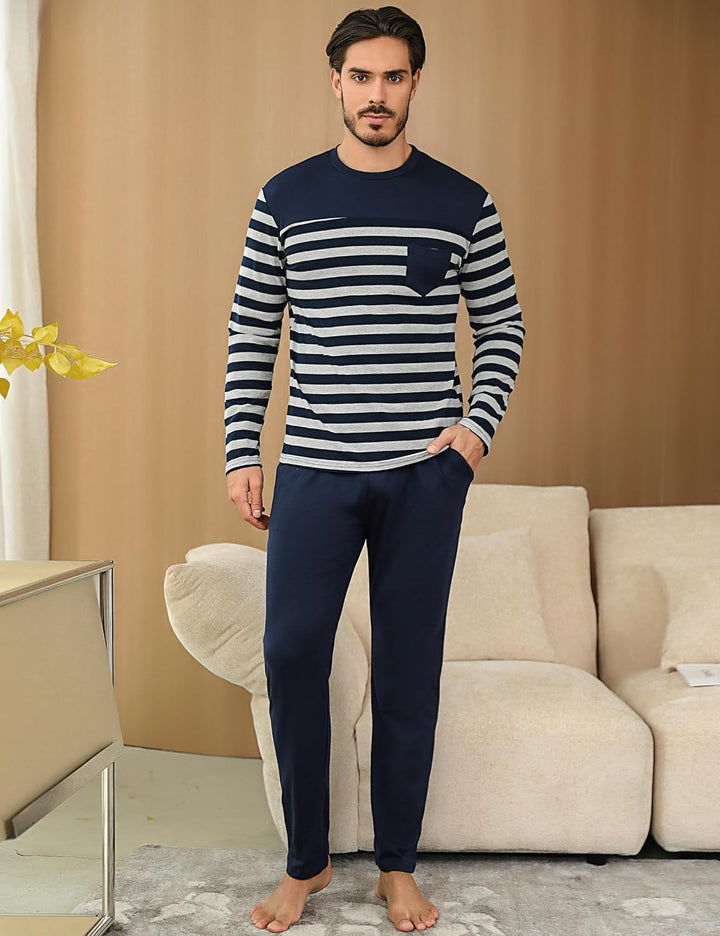 Irdcomps Schlafanzug Herren Pyjama Lang Winter Baumwolle Nachtwäsche Set Langarm Männer Schlafanzüge