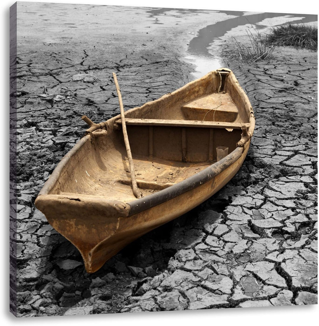 Pixxprint Ausgetrockneter Fluss mit Boot als Leinwandbild Quadratisch/Grösse: 70x70 / Wandbild/Kunst