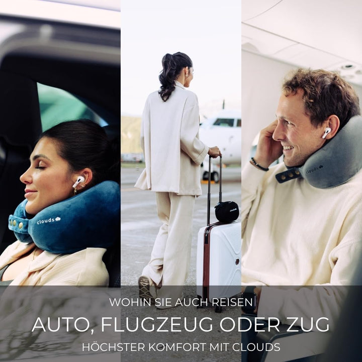 CLOUDS Nackenkissen Flugzeug & Auto – Einstellbares Memory Foam Reisekissen in 2 Grössen für Erwachs