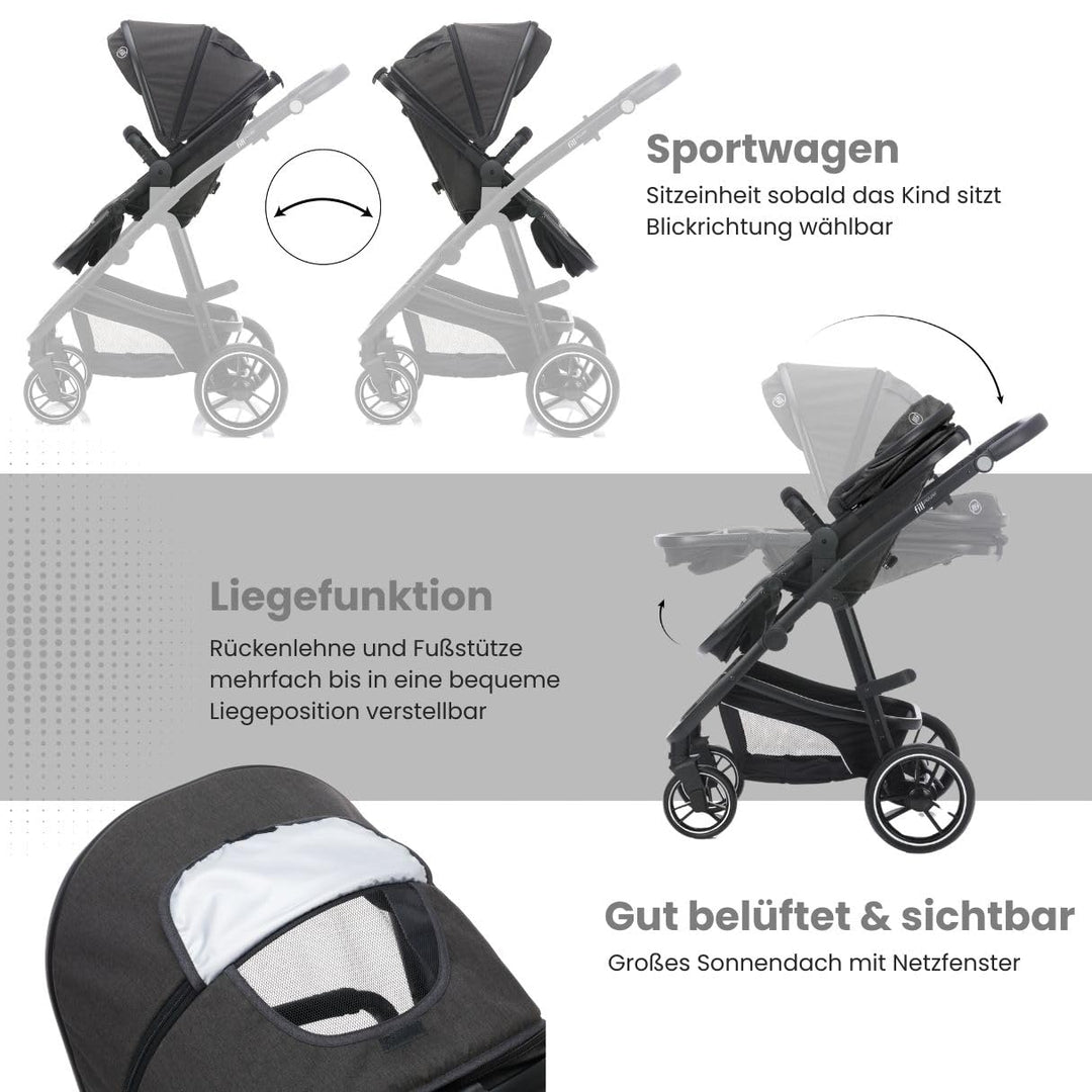 Fillikid 4-1 Kombi-Kinderwagen-Set Fill Jaguar mit Sportsitz, Babywanne mit Matratze, Babyschale, Wi