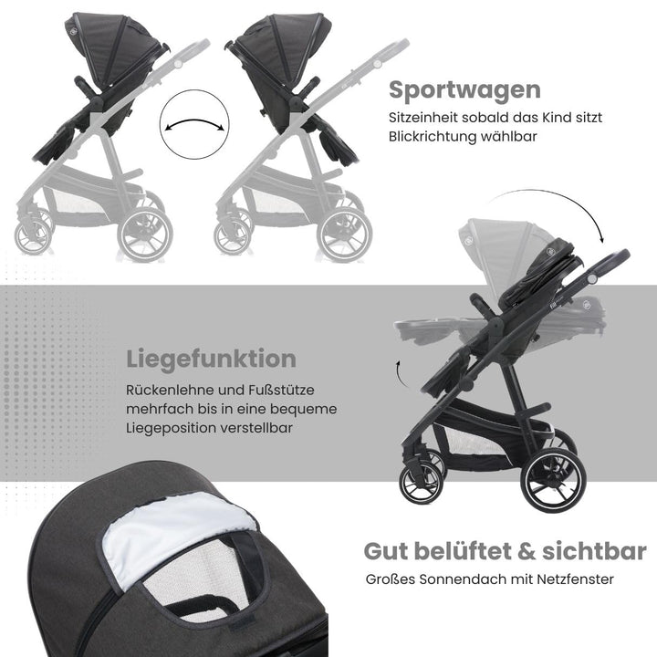 Fillikid 4-1 Kombi-Kinderwagen-Set Fill Jaguar mit Sportsitz, Babywanne mit Matratze, Babyschale, Wi