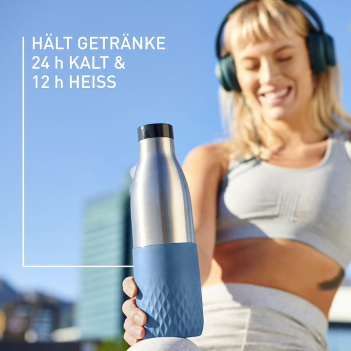 Emsa N31107 Bludrop Sleeve Trinkflasche | 0,5 Liter | 100 % dicht | Quick-Press Verschluss | Ergonom
